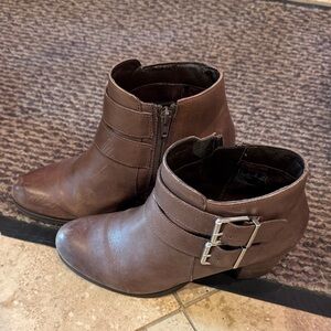 Clark’s Brown Ankle Heeled Boots with Buckle Detail
